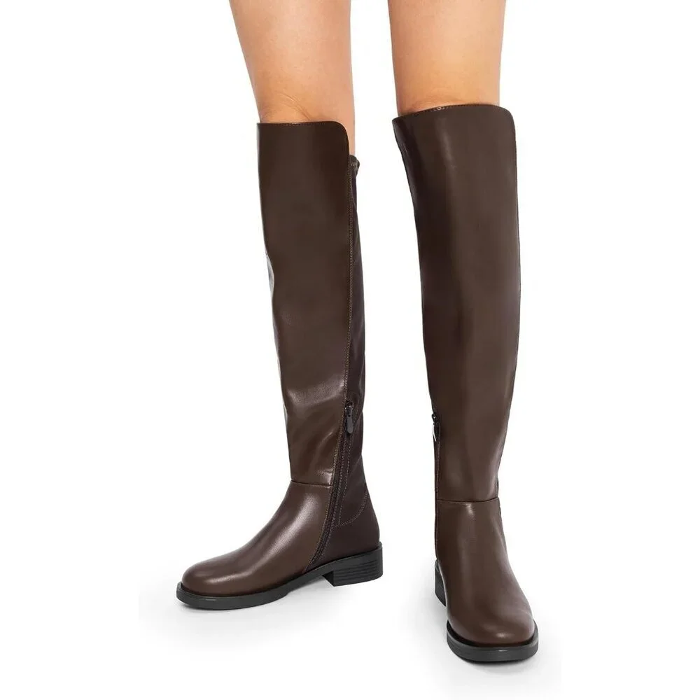 🆕Women Brown-pu Knee High Comfortable Thigh High Daily Low Flat Heel Long Boot